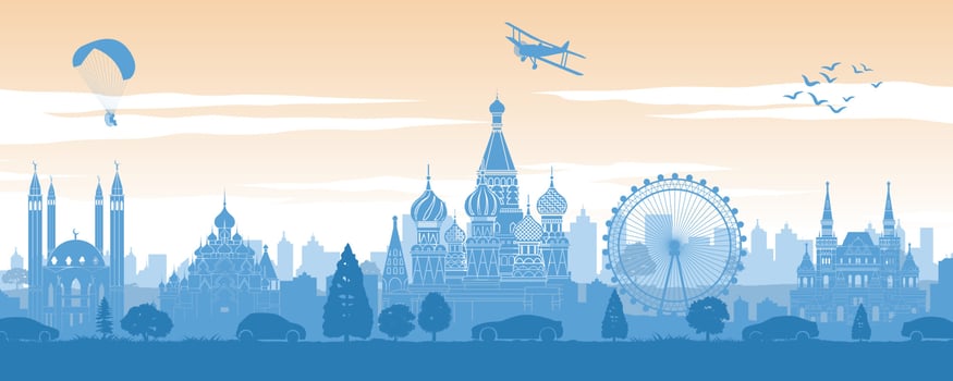 Russia famous landmark in back of car and street in scenery style silhouette design in blue and orange yellow color vector