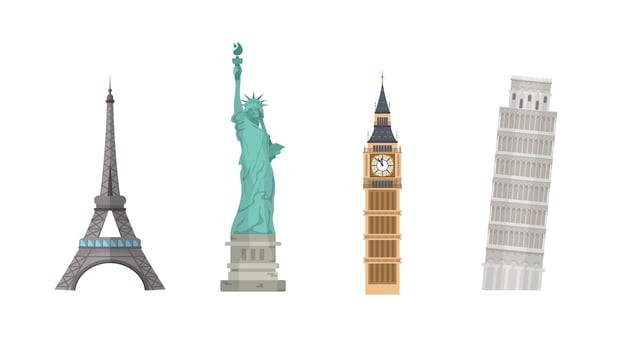 Set of world landmarks isolated on a white background. Eiffel Tower, Statue of Liberty, Leaning Tower of Pisa and Big Ben. vector