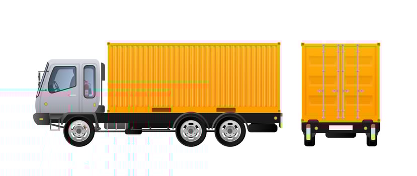 Vector truck side view. Delivery of cargo. Solid and flat color design. Yellow truck for transportation. Separately on a white background.