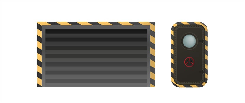Black shutter door for warehouse. Hopper door. Door for a military bomb shelter. Element for the design of warehouses, bins and garages. Isolated. . vector