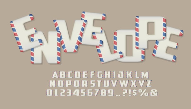 Envelope style font set, alphabet letters and numbers in flat style. vector