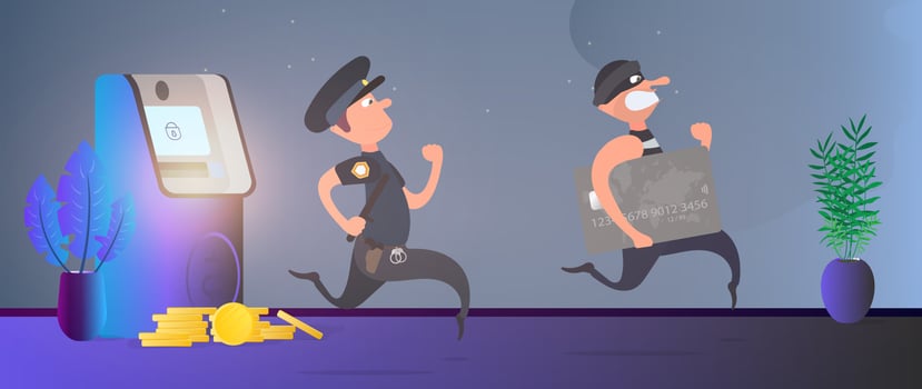 A policeman runs after a thief. The robber steals a bank card and runs away. ATM, gold coins. Fraud concept. Cartoon style. . vector