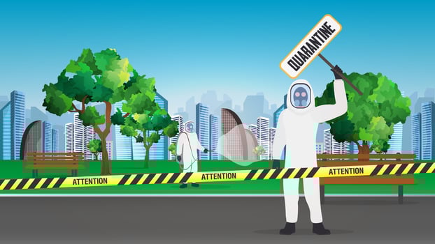 A man in a white suit holding a sign that says quarantine vector