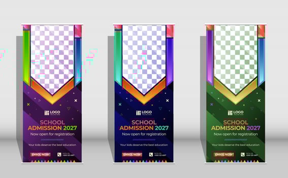 purple pink colorful gradient school admission kids care Vertical roll up or stand banner xbanner premium template vector