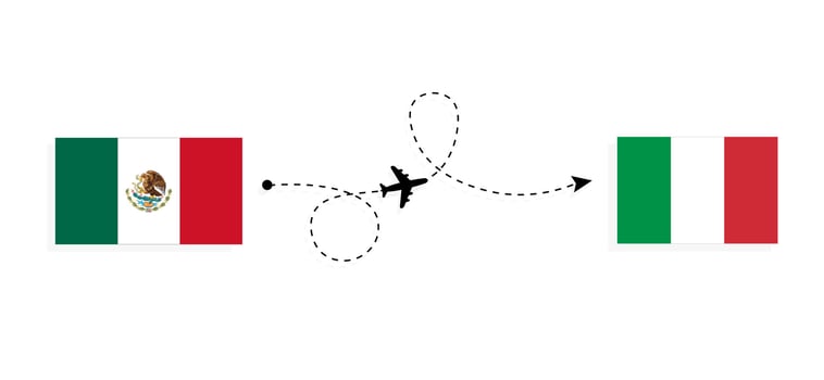 Flight and travel from Mexico to Italy by passenger airplane Travel concept vector