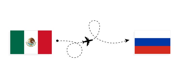 Flight and travel from Mexico to Russia by passenger airplane Travel concept vector