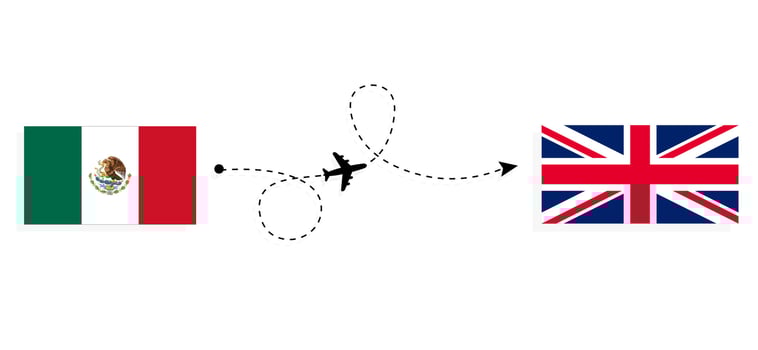 Flight and travel from Mexico to United Kingdom of Great Britain by passenger airplane Travel concept vector