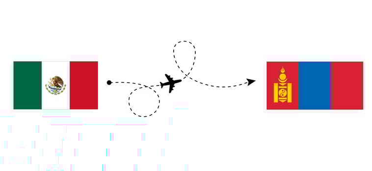 Flight and travel from Mexico to Mongolia by passenger airplane Travel concept vector