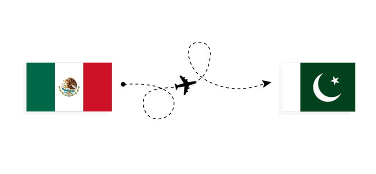 Flight and travel from Mexico to Pakistan by passenger airplane Travel concept vector