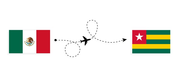 Flight and travel from Mexico to Togo by passenger airplane Travel concept vector