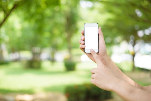 A man is holding cell phone on green photo