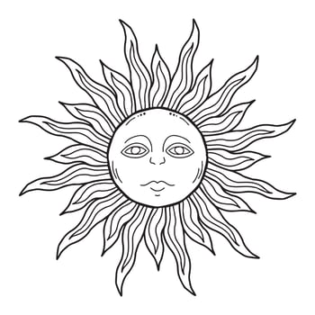Stylized sun with face hand drawn in black ink outline, traditional ethnic Slavic symbol for Shrovetide or Maslenitsa, astrologic sign vintage concept. Heraldy medieval Tattoo design. vector