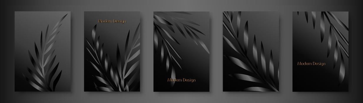 Tropical cover design set with palm branch, black leaf print on dark gradient background. Holiday black exotic pattern for vector floral wedding party card, luxury menu template, summer holiday poster