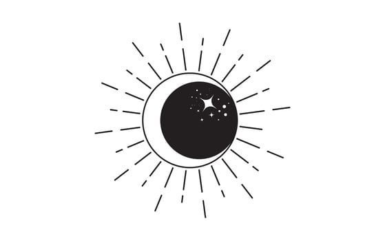 Sun and moon vintage line art clipart. Outline sun logo, moon tattoo. Mystical Sacred geometry, magic pagan Wicca goddess and god symbol. Vector black sign illustration isolated on white background