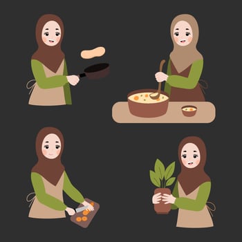 Muslim woman activity illustration in hand drawn style vector