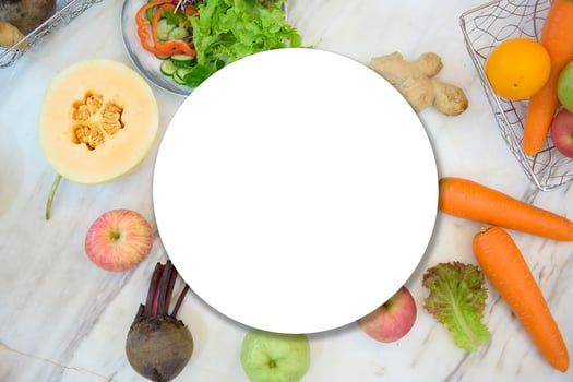 various fruits and vegetables with white paper card. Flat lay. Healthy eating concept. photo