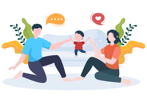 Parenting of Mother, Father and Kids Embracing Each Other in Loving Family. Cute Cartoon Background Vector Illustration for Banner or Psychology