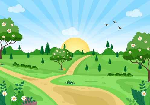 Sunrise Landscape of Morning Scene Mountains, Hill, Lake and Valley in Flat Nature for Poster, Banner or Background Illustration vector