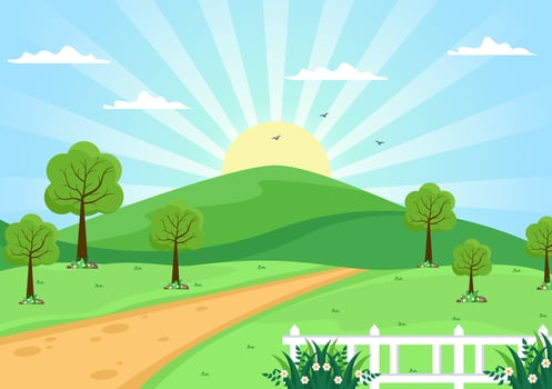 Sunrise Landscape of Morning Scene Mountains, Hill, Lake and Valley in Flat Nature for Poster, Banner or Background Illustration vector