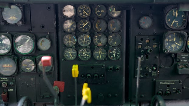 Close up of old vintage  airplane cockpit Flight Deck control panel photo