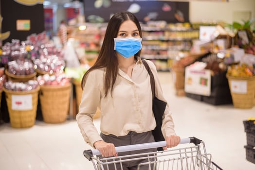 woman is shopping in supermarket with face mask photo