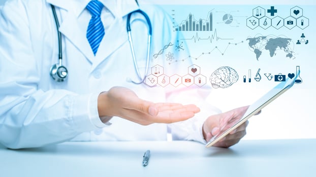 Close up of Doctor is showing medical analytics data, Medical technology concept photo