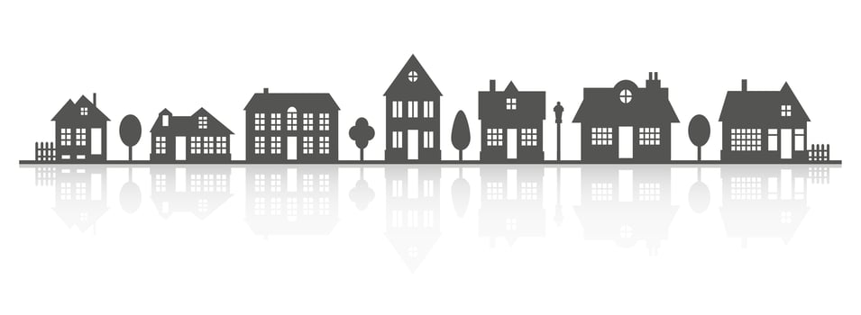 Suburban neighborhood landscape. Silhouette of houses on the skyline with reflection. Countryside cottage homes. Glyph vector illustration.