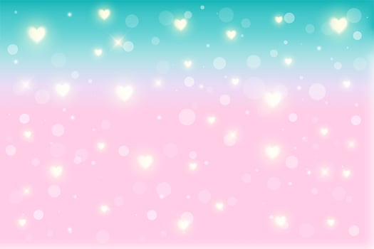 Fantasy background. Pattern in pastel colors. Multicolored sky with stars and hearts. Vector