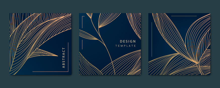 Vector set of abstract luxury golden square cards, post templates for social net, leaves botanical modern, art deco wallpaper background. Pattern, texture for print, fabric, packaging design