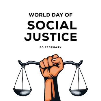 world day of social justice design vector illustration with hand holding scales of justice