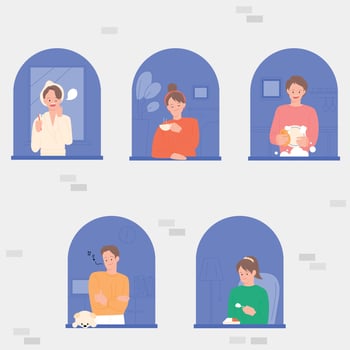 Neighbors seen through apartment windows. Everyone has a different lifestyle vector
