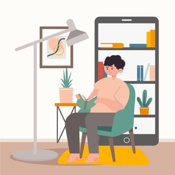 Young man reading e-book on smartphone. vector