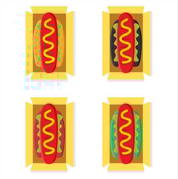Vector illustration set of freshly opened hotdog out of a box with cheese and tomato sauce, restaurant and culinary theme. suitable for advertising food products