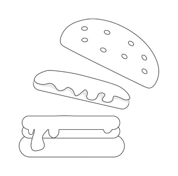 Black and white vector illustration of hamburger containing meat and vegetables for coloring book and doodle