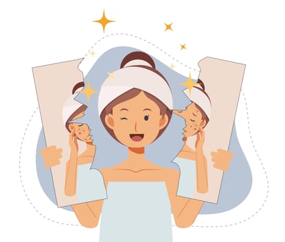 skin facial concept. woman with result of face treatment. before and after. Woman tear paper of old unhealth skin to show new result. Flat vector illustration.