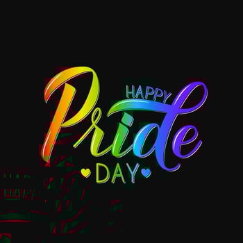 Happy Pride Day 3d lettering colors of the rainbow on black background. Gay Pride concept. LGBTQ rights slogan. Easy to edit vector template for banner, poster, t-shot, flyer, sticker, badge.
