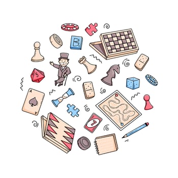 Board games set. Collection of doodle elements - chess, checkers, playing cards, backgammon, puzzles. Vector hand drawn illustration
