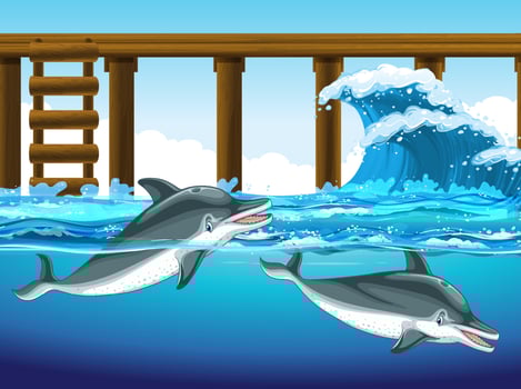 Dolphin swimming in the water with wooden pier vector