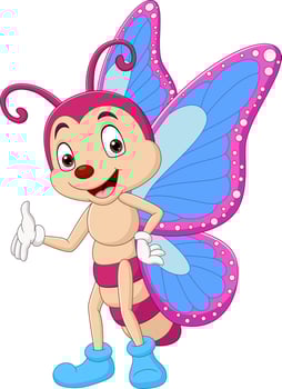 Cartoon funny butterfly waving hand vector