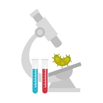 microscope with particle of covid 19 and tubes test vector