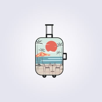 beach journey illustration in suitcase frame , adventure trip travel vacation logo vector illustration design, vintage retro poster style and flat design