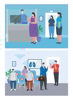 set scenes of distancing social, keep distance in public, prevention coronavirus covid 19 vector