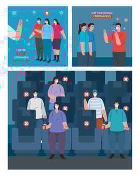 set scenes of distancing social, keep distance in public, prevention coronavirus covid 19 vector