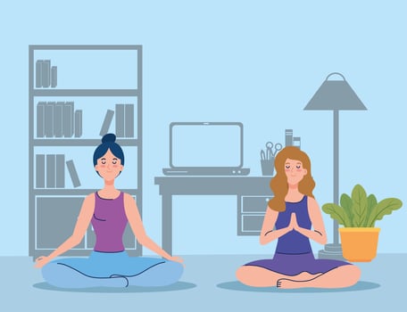 stay home, be safe, women meditating, yoga relax, during coronavirus covid 19, stay at home quarantine, be careful vector