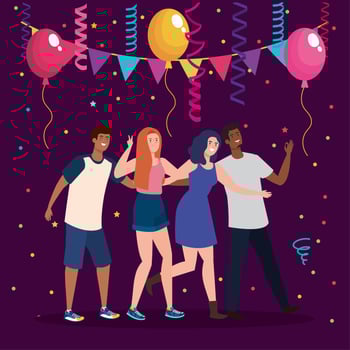 happy characters, young people, friendship excitement, cheerful laughing from happiness in party celebration vector