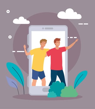 happy characters, young men in smartphone, friendship excitement, online celebration vector