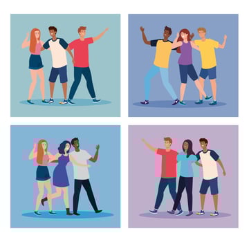 set scenes of happy characters, young people, friendship excitement, cheerful laughing from happiness vector