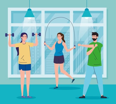 exercise at home, people practicing sport, using the house as a gym vector