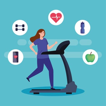 sport, woman running on treadmill, sport person at the electrical training machine, with sport icons vector