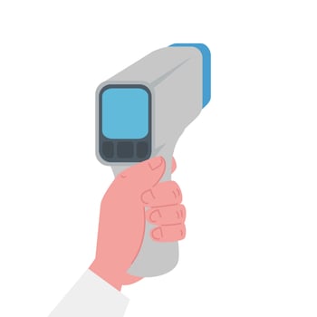 hand with digital non contact infrared thermometer, medical thermometer measuring body temperature, prevention of coronavirus disease 2019 ncov vector